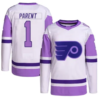 Men's Bernie Parent Philadelphia Flyers Hockey Fights Cancer Primegreen Jersey - White/Purple Authentic