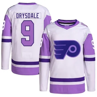 Men's Jamie Drysdale Philadelphia Flyers Hockey Fights Cancer Primegreen Jersey - White/Purple Authentic