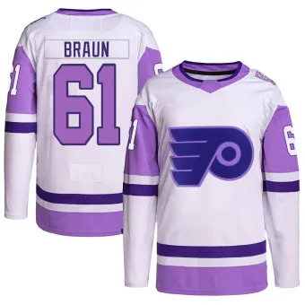 Men's Justin Braun Philadelphia Flyers Hockey Fights Cancer Primegreen Jersey - White/Purple Authentic