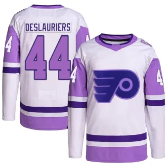 Men's Nicolas Deslauriers Philadelphia Flyers Hockey Fights Cancer Primegreen Jersey - White/Purple Authentic