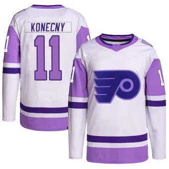 Men's Travis Konecny Philadelphia Flyers Hockey Fights Cancer Primegreen Jersey - White/Purple Authentic