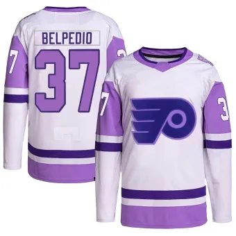 Youth Louie Belpedio Philadelphia Flyers Hockey Fights Cancer Primegreen Jersey - White/Purple Authentic