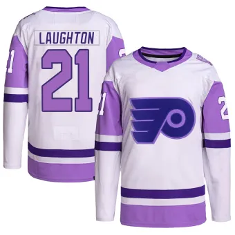 Youth Scott Laughton Philadelphia Flyers Hockey Fights Cancer Primegreen Jersey - White/Purple Authentic